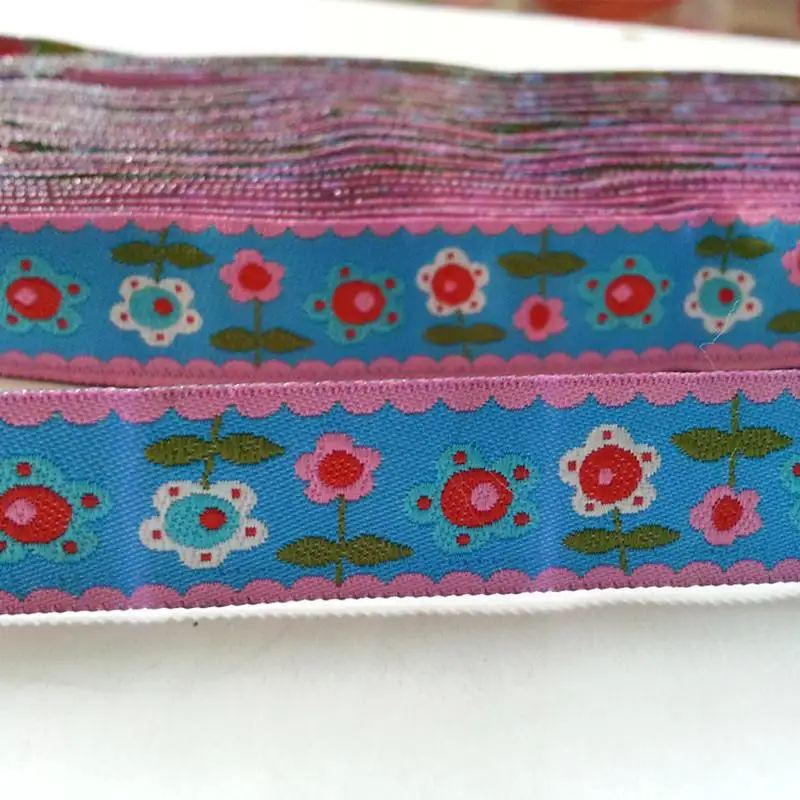 5/8 \'(16 mmx5yards) Plum Blossoms Tulips Roses Woven Polyester Jacquard Ribbon dog chain accessories with Agility For Dog Collar