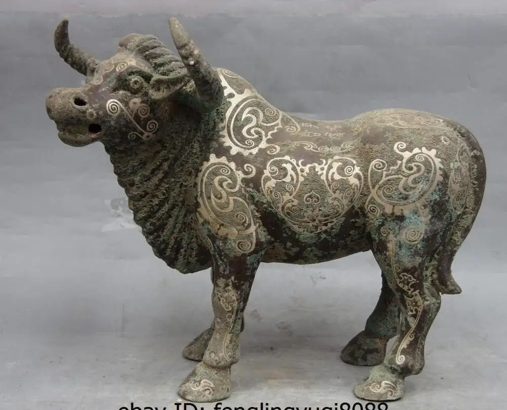 14 Chinese Dynasty Pure Bronze Silver-Gilt Bull Cattle Ox Cow Statue Sculpture