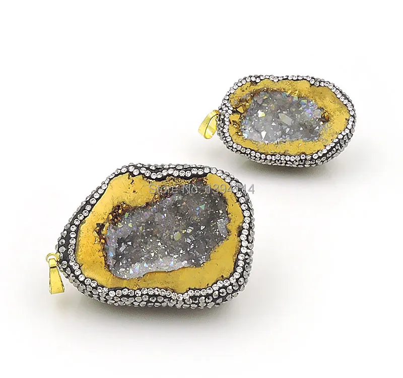 

Titanium Coated Crystal Geode Irregular Shape Pendant With Paving CZ Gold Plated Approx 40*30*15mm