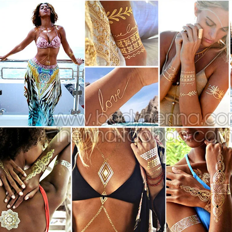 Flash Metallic wasserdicht Tattoo Gold Silber Frauen Mode Henna/Pfauenfeder Design temporäre Tattoo Stick Paster