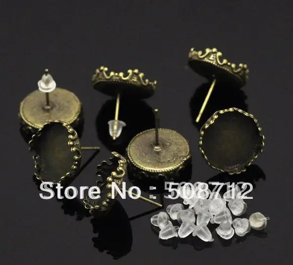 

Free shipping!!! wholesale 500pcs/lot Bronze Tone Earring Post W/Stoppers 15x13mm(Fit 12mm),Earrings Base,Earring Blank