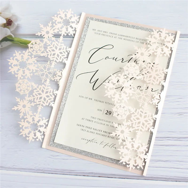 Winter wedding invitations snowflake elegant party supply personalized printing insert card with glitter border 50pcs/lot