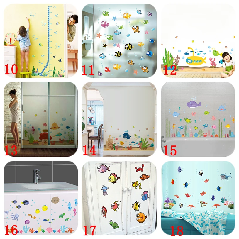 Cartoon Fish Sealife Wall Stickers for Kids Room Bathroom Home Decoration Waterproof Animal Baseboard Mural Art Diy Toilet Decal