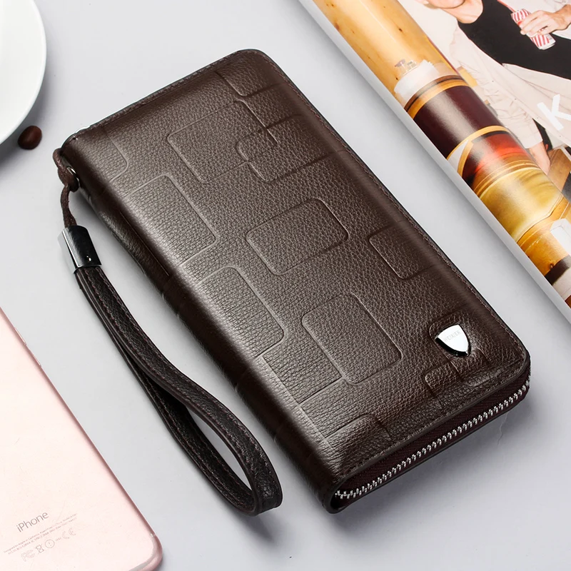 New Genuine Leather Multifunctional Long Wallet Cow Leather Zipper Money Clip Men's Simple Design Business Clutch Cellphone bag