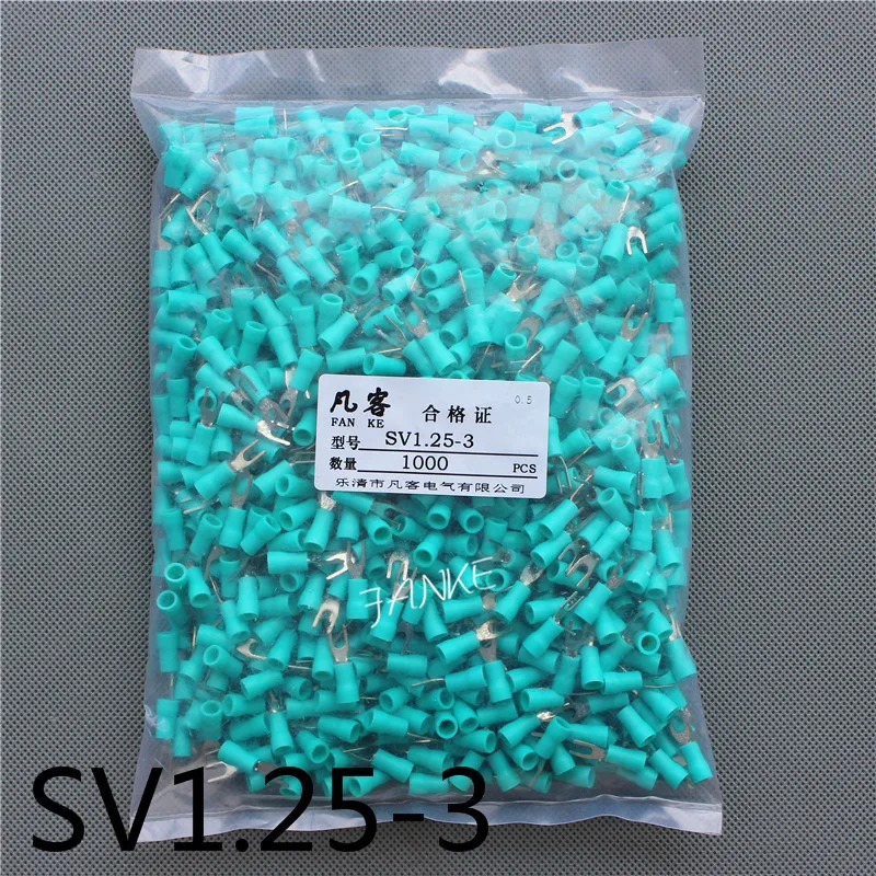 1000pcs SV1.25-3 Pre insulated cold pressed terminals Furcate Y/U shape wire crimp terminals  Brass for AWG22-16 Thickness 0.5MM