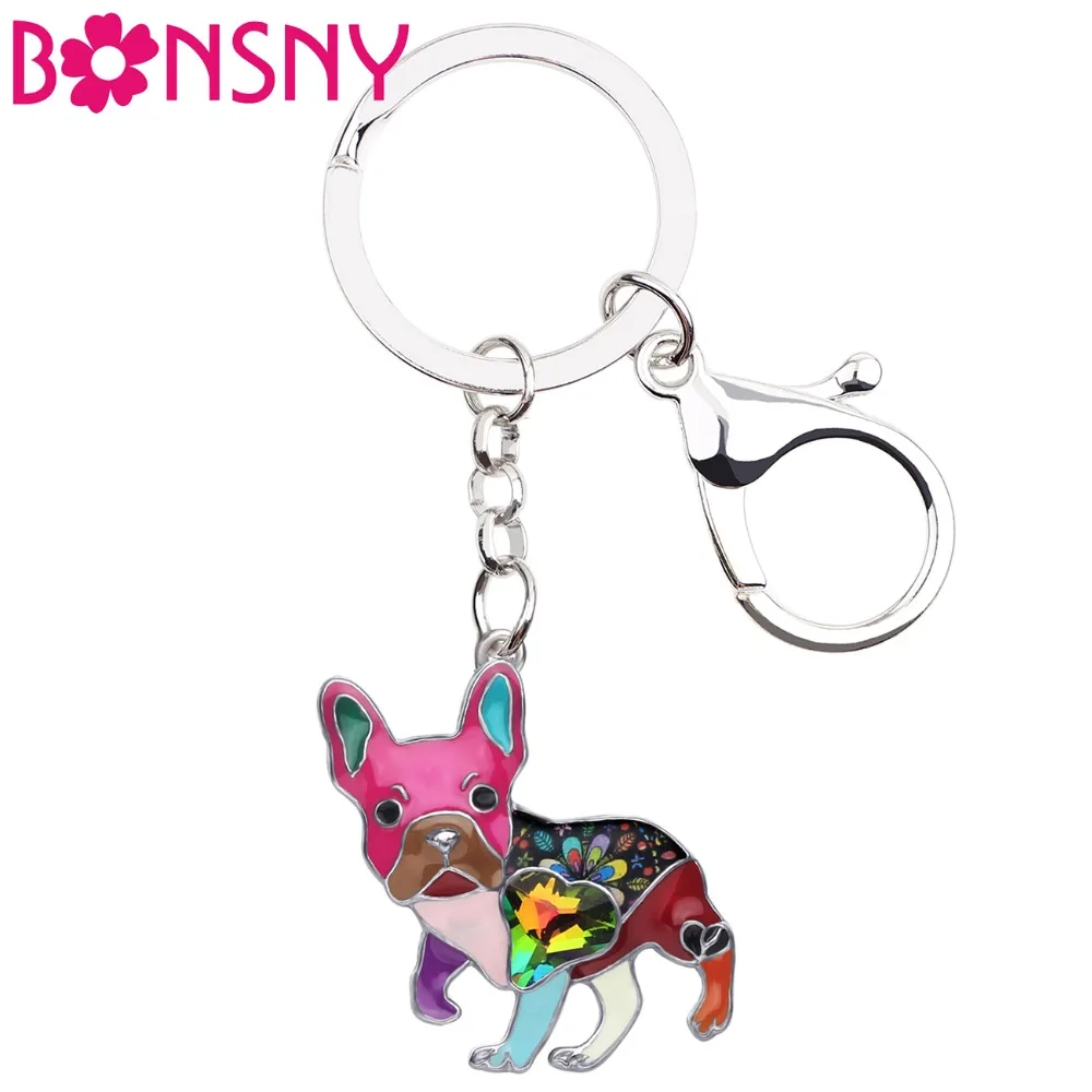 Bonsny Enamel Alloy Rhinestone French Bulldog Pug Dog Key Chains Keychain Animal Jewelry For Women Girls Bag Car Charms Gift Pet