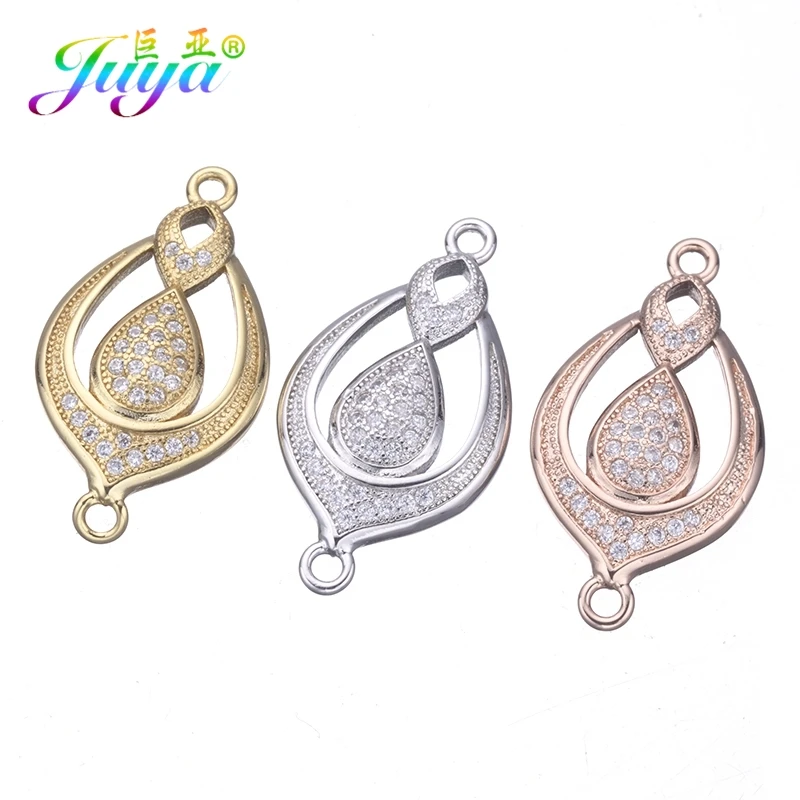 Juya Handmade Charm Earrings Accessories Micro Pave Zircon Lucky Leaf Flower Connectors For Bracelets Necklace Earrings Making