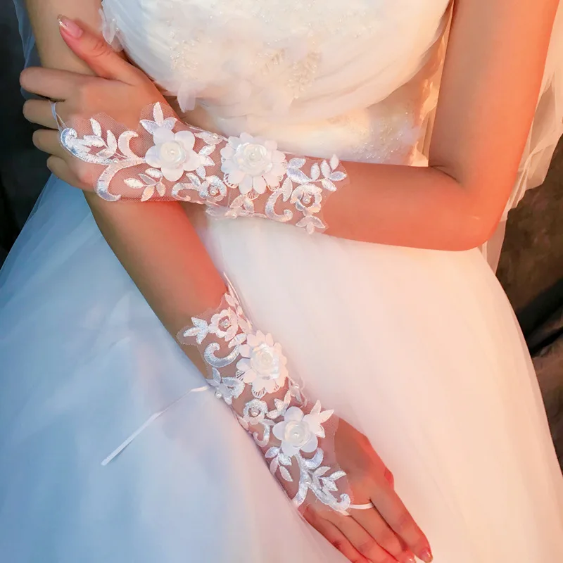 JaneVini-guantes de novia elegantes para mujer, manoplas de encaje blanco 3D, flores y perlas, longitud de muñeca sin dedos, accesorios de boda,