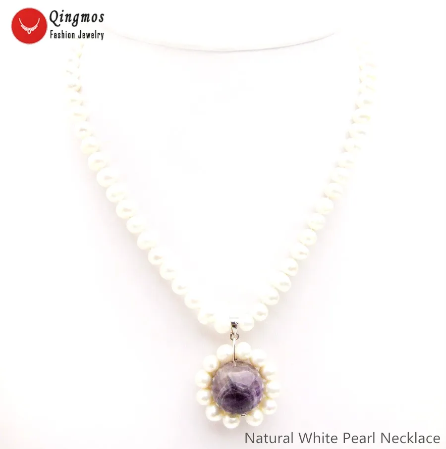 Qingmos Natural Pearl Pendant Necklace for Women with 6mm White Pearl Necklace 18mm Purple Amethysts Stone Necklace Jewelry 17