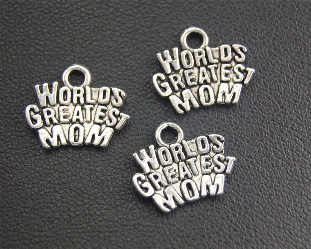 30pcs  Silver Color Letter Worlds Greatest Mom Charms Pendants For Jewelry Making DIY Handmade Craft 12x14mm A2001