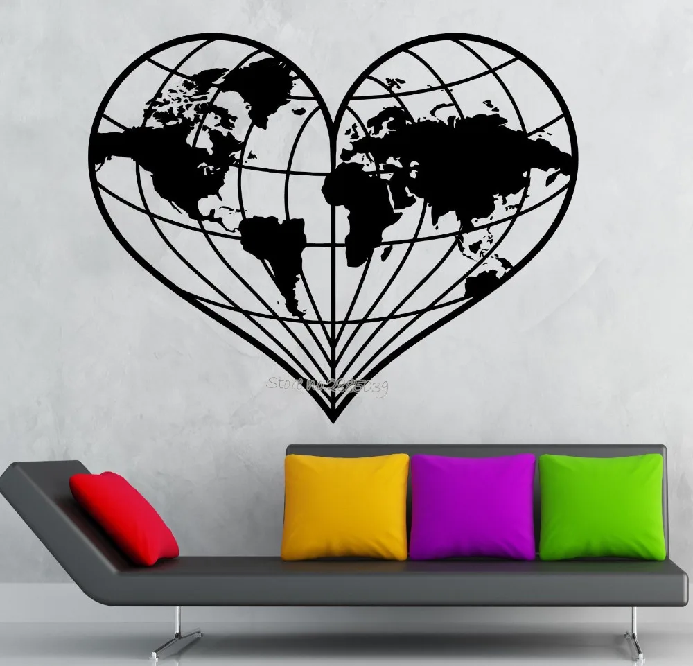 Newest Design Wall Stickers Heart-shaped World Map Earth Geography Peace Vinyl Decal Removable Mural Sofa Background Decor LA505