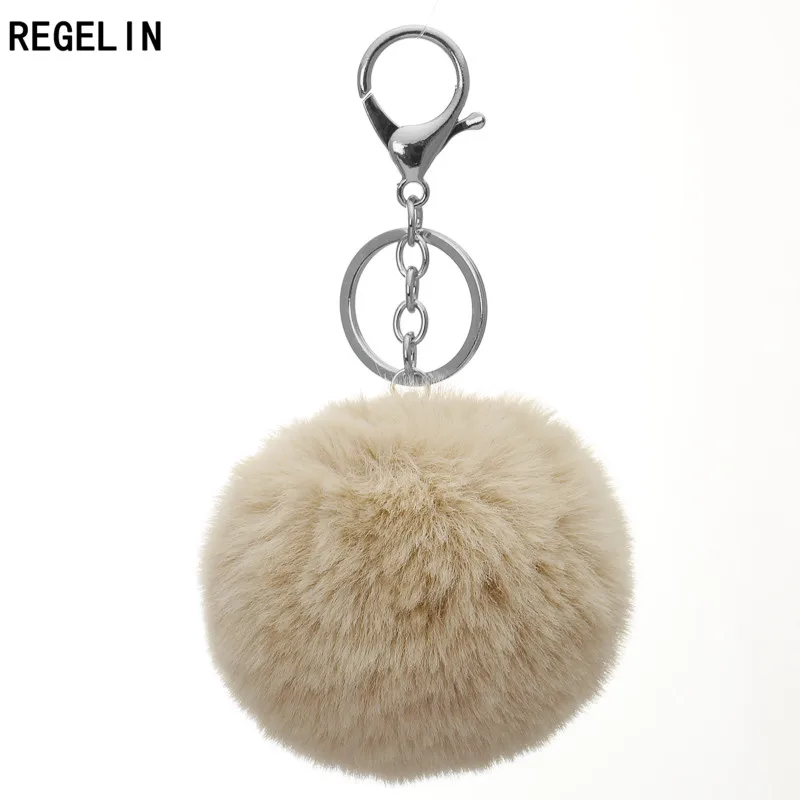 REGELIN Silver Color Chain Fluffy Pompom Keychains Fake Rabbit Fur Ball KeyChain Women Bag Gift for jewelry making