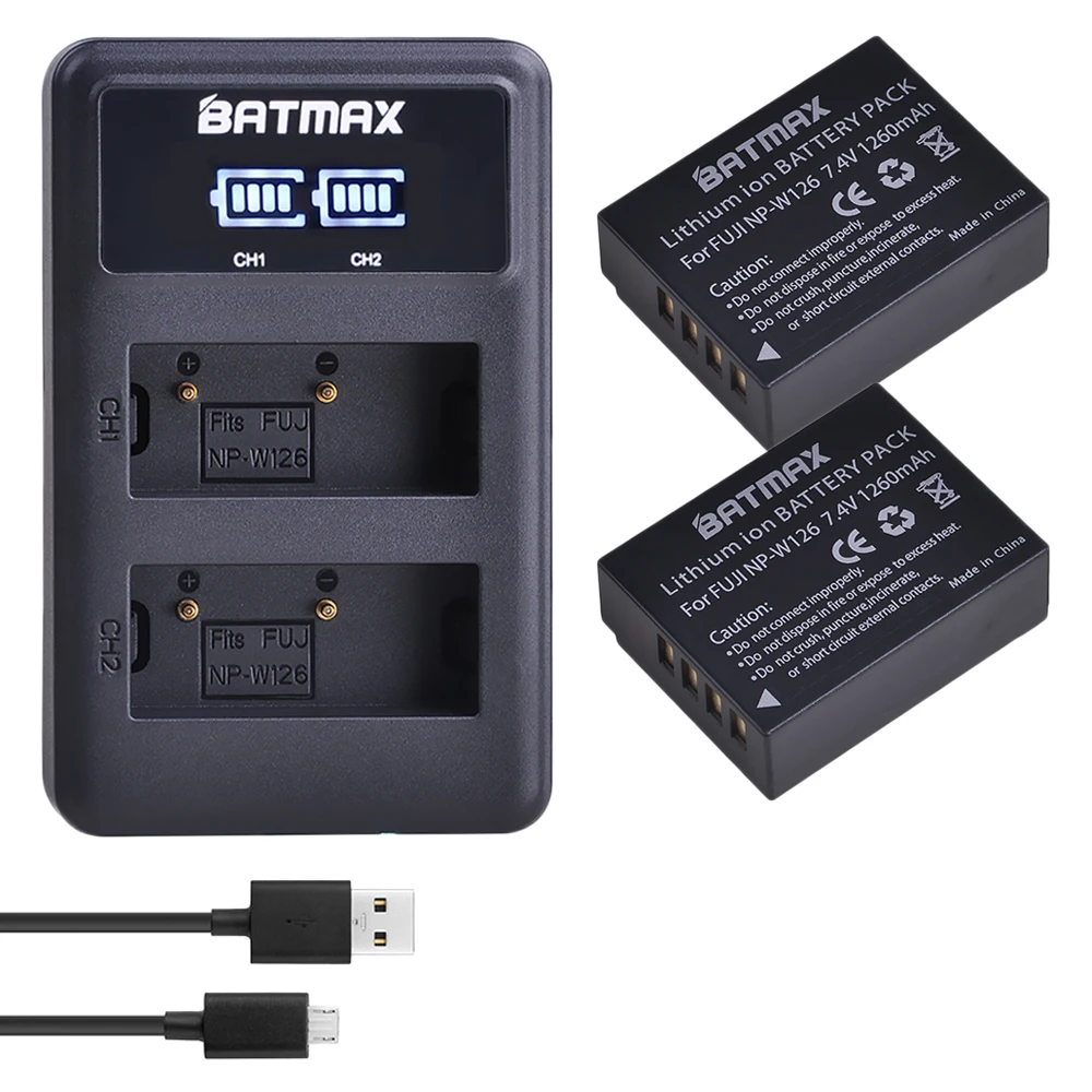 Batmax-Batería de NP-W126 + cargador Dual LED para Fujifilm, HS30EXR, HS33EXR, NP-W126S, X-Pro1, X-E1, X-E2, X-M1, X-A1, X-A2