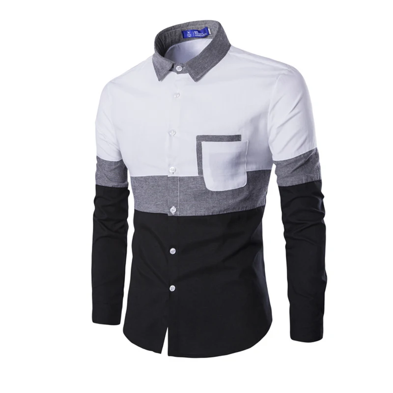 New 2019 Oxford Men Long Sleeve Shirt Spring Autumn Patchwork Pocket Men\'s Casual Shirt Cotton Slim Fit White Men Clothing M-2XL