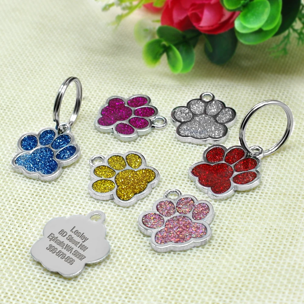 Glitter Paw Customer Pet ID Tags Dog Accessories 6 Colors Personalized Engraved For Dog & Cat  Reflective Paw Print Tag