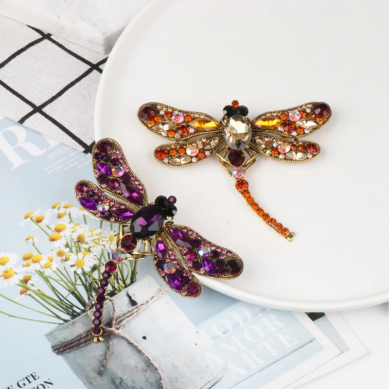 High Quality Crystal Dragonfly Brooches for Women Girl Green Jewelry Scarf Lapel Pins Brooch Antique Accessories O2202-1