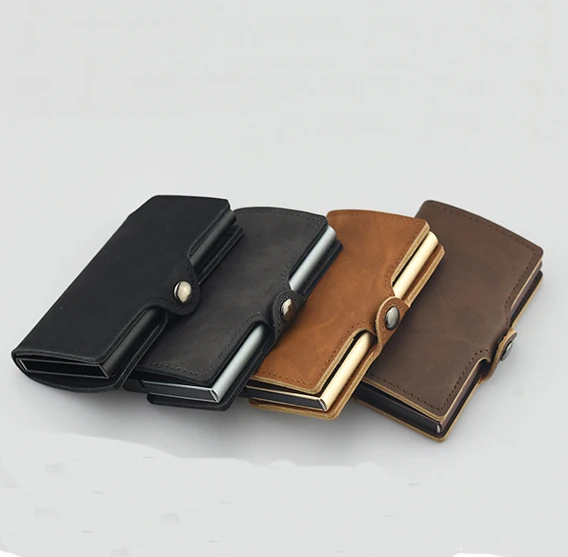 RFID Business Credit Card Holder Men Multifunction Automatic Aluminium Alloy Leather Cards Case Mini Wallet Slim Coin Purse