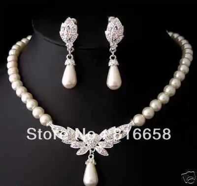 charming Bridal white shell pearl necklace Water drops pendant earrings set