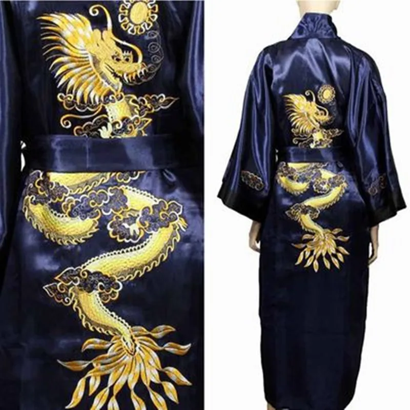 Bathrobe Men\'s Satin Rayon Robe - Embroidery Dragon Kimono Sleepwear - Fashion Belt Style - Big Size - Man Pyjamas