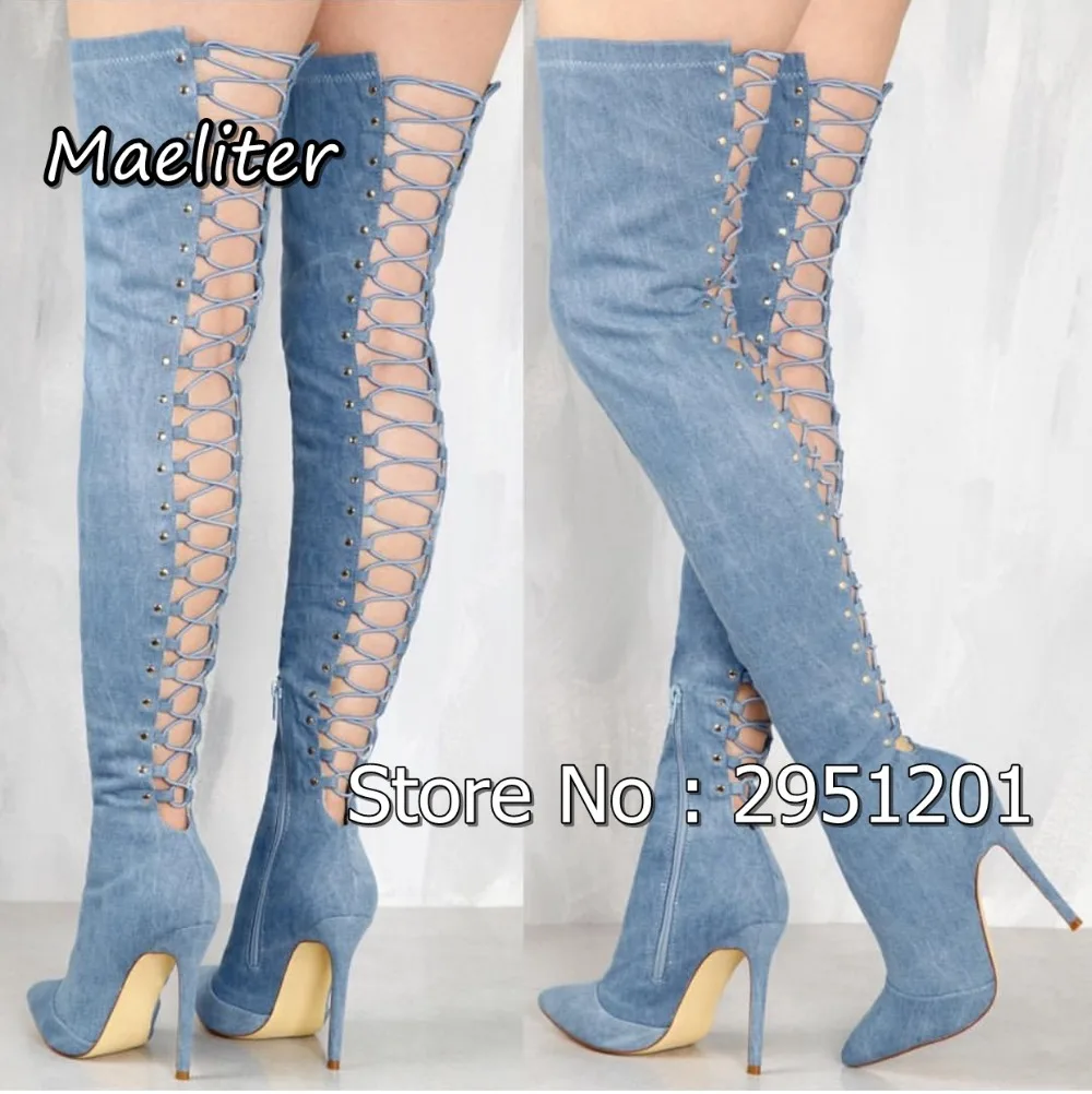 Hot Women Over the Knee Boots High Heels Spring Autumn Pointed Toe Denim Boots Fashion Lace up Jeans thigh high Boots