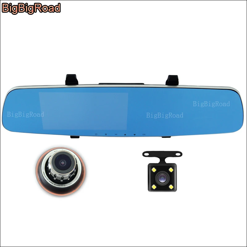 BigBigRoad For Dodge Challenger / Ram Car DVR Dual Lens Blue Screen Rearview Mirror Video Recorder 5 INCH Dash Cam