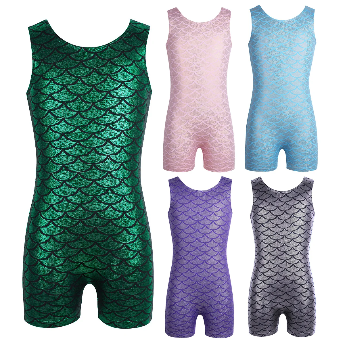 TiaoBug Kids Teens Glittery Scales Printed Ballet Gymnastics Leotard Workout Sports Bodysuit Children Girls Stage Dance Costume