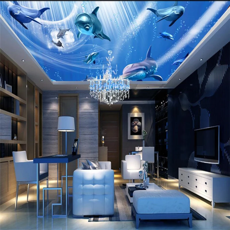 wellyu Undersea World Dolphin Ceiling Ceiling Murals Custom Large Mural Green Wallpaper papel de parede para quarto