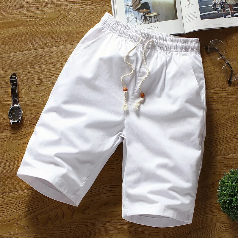 Summer cotton shorts for men large size , Solid color shorts male / White Straight loose men\'s breathable elastic waist shorts