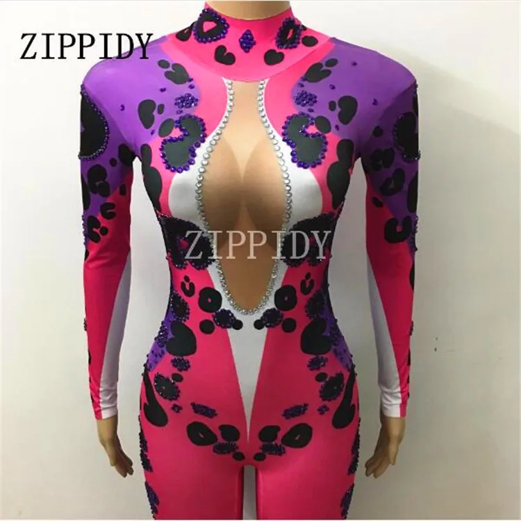 Seksi Ungu Leopard Berlian Imitasi Lengan Panjang Jumpsuit Kinerja Panggung Dj Penyanyi Penari Memakai One-Piece Stretch Pakaian Kostum