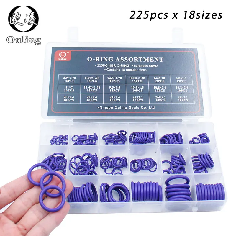 

225Pcs 18Sizes O Rings Rubber O Ring Seal Purple NBR Oring Nitrile Washer Sealing O-Rings Assortment Kit O-Ring Set Gasket Box