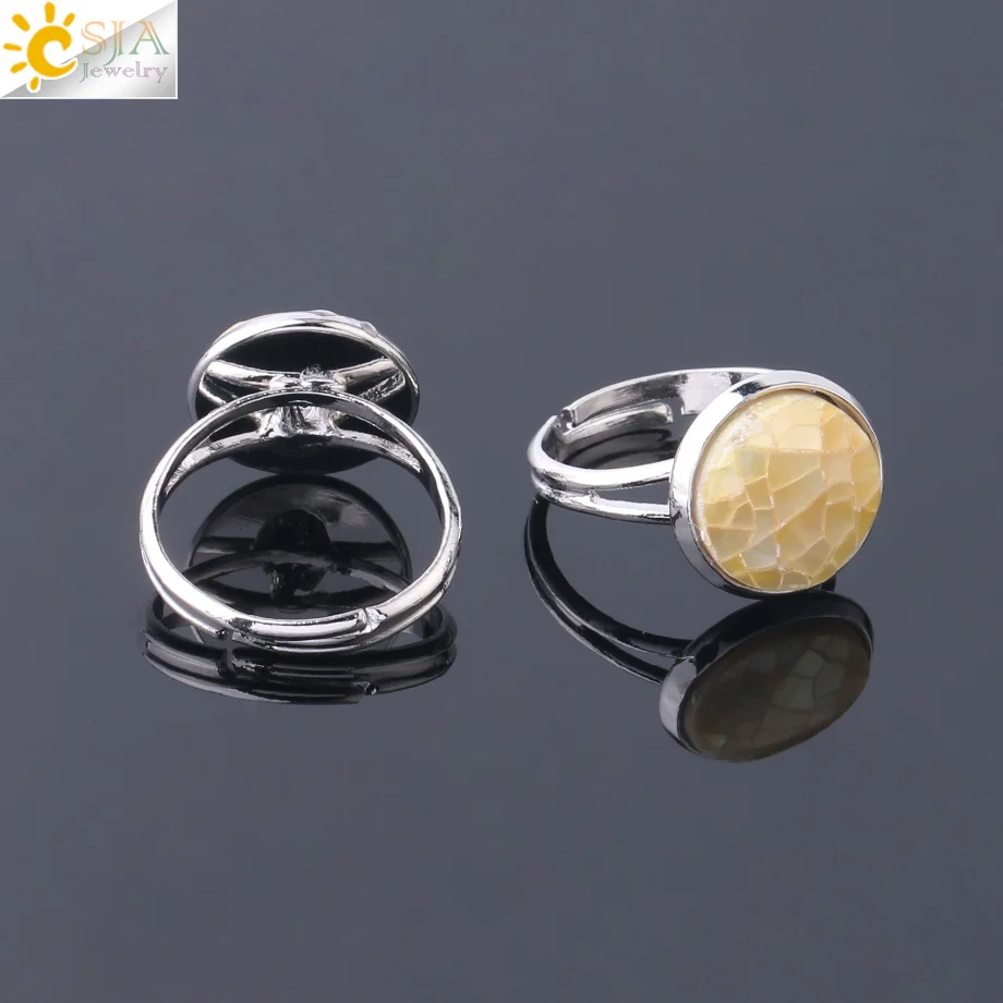CSJA Round Natural Seashell Ring Pink White Colorful Abalone Shell Adjustable Women Finger Rings Party Daily Summer Jewelry F904