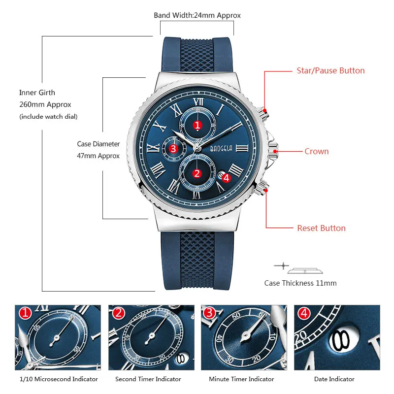 Baogela Chronograph ควอตซ์นาฬิกาสำหรับชายแฟชั่น Casual Man กันน้ำแบบอะนาล็อกนาฬิกาข้อมือส่องสว่างสีฟ้า 1708G-1