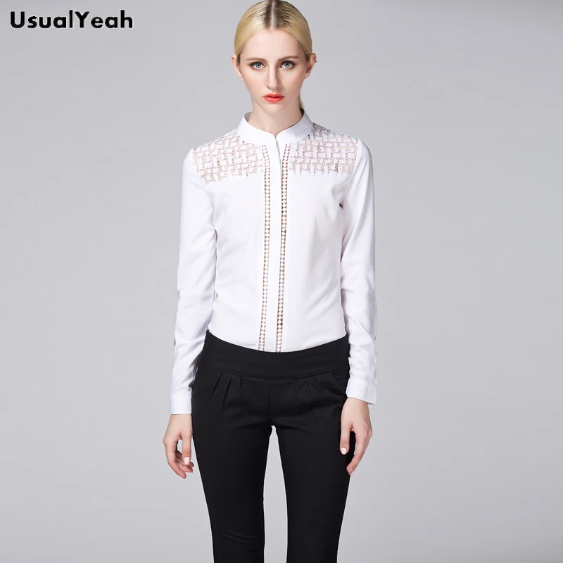 UsualYeah  New Women Fashion OL Body Blouse Shirt Long Sleeve White Lace Workwear blusas femininas S-XXL SY0327