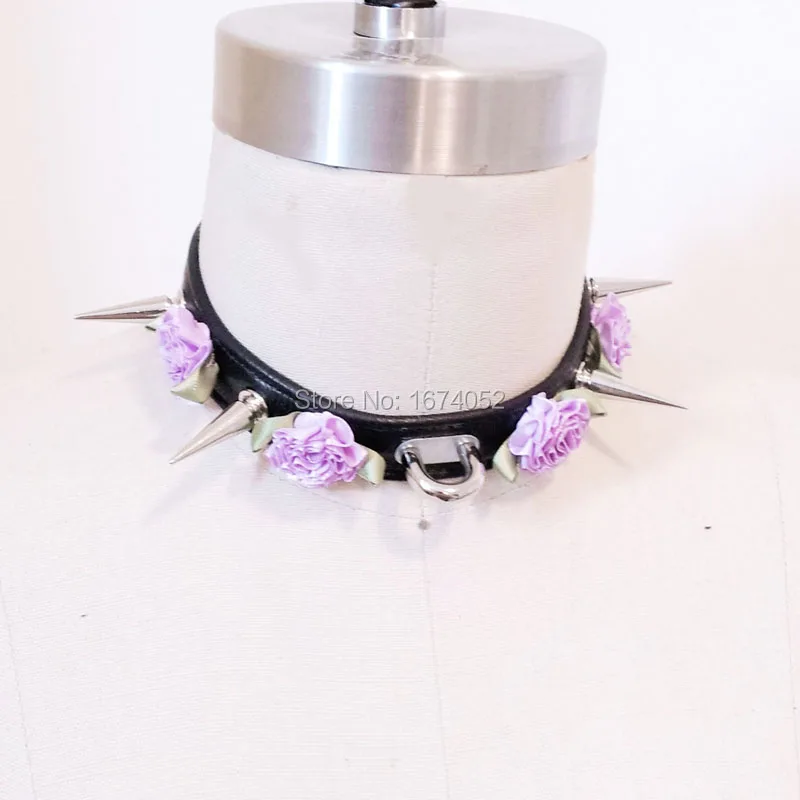 Cute Kawaii 100% Handcrafted Rose Flower Long Spikes Ribbon Lace Up Leather Choker Collar Necklace