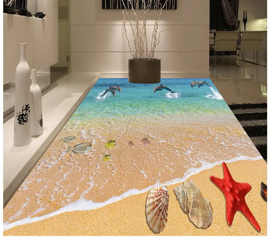 

Mural 3D PVC Wallpaper Self-adhesive Floor Wallpaper 3D Beach Starfish Dolphin Floor Painting Modern Custom 3D Floor Mural