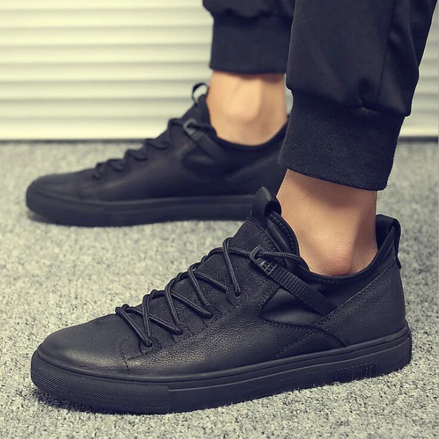 New Hot sale fashion male casual shoes all Black Men s leather casual Sneakers fashion Black white flats shoes LH 57 AliExpress