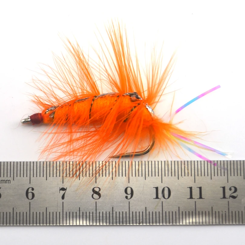 MNFT 4Pcs Orange Shrimp Saltwater Bait Fish Flies with Rainbow Flashabou Tail Artificial Trout Fly Fishing Hooks