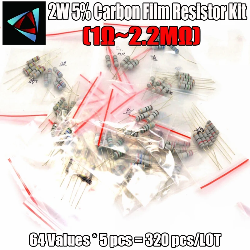 

Комплект углеродных пленочных резисторов 320 шт. 2 Вт 5% 1R-2.2M 64valuesX5pcs