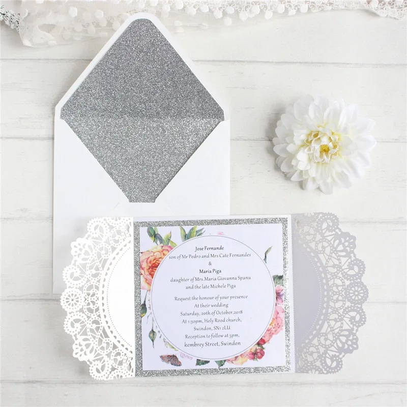 

50pcs flower bridal invitations with glittery silver envelop anniversary celebration greeting cards offer personalized printing