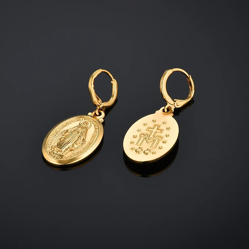 Gold Color Virgin Mary Cross Drop Dangle Earrings For Women Wholesale Ladies Earrings Religious Christian Jewelry Brincos