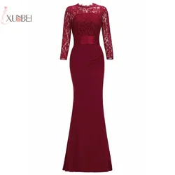 Elegant Long Sleeve Mermaid Evening Dresses 2022 Scoop Neck Burgundy Black Lace Trumpet Evening Party Gown Women Vestidos Noche