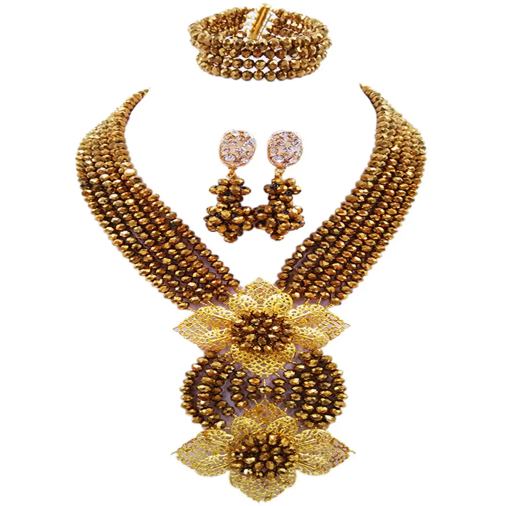 

Lovely Golden Brown African Jewelry Set Nigerian Beads Necklace Sets for Women 6HLK08