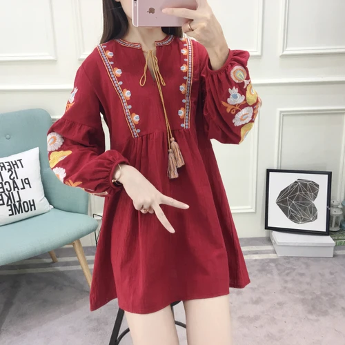 Cheshanf Women Embroidery Dress Long Sleeve Autumn Dress Blue Red White Black Casual A Line Short dress