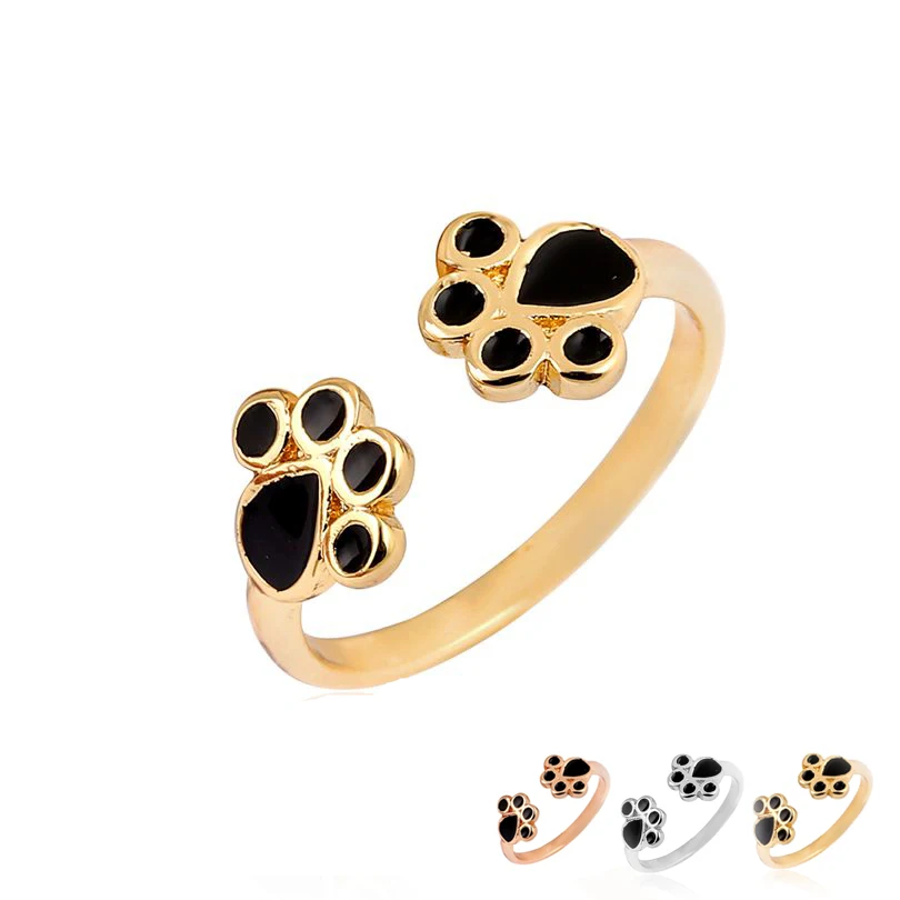 Wholesale 50Pc/lot Adjustable Fashion Animal Cat Dog Paw Print Ring Black Oil Rings for Women Ideal Gift