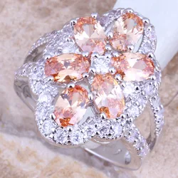 Charismatic Champagne Morganite White CZ Silver Plated  Women's Jewelry Ring Size 6 / 7 / 8 / 9 R1215