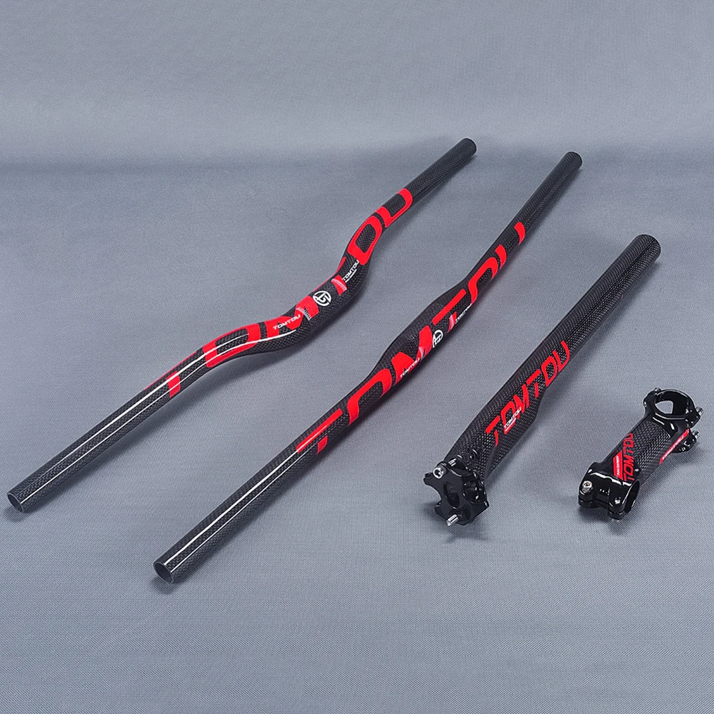 

TOMTOU Red Glossy 3k Carbon Fibre Cycling Mountain Bike Flat/Rise Handlebar + Seat Post + Stem Bicycle MTB Road Parts - TS9T48