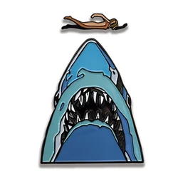 Swimming on shark mouth pin set sexy woman brooch ocean fish horror art badge summer swim sport jewelry