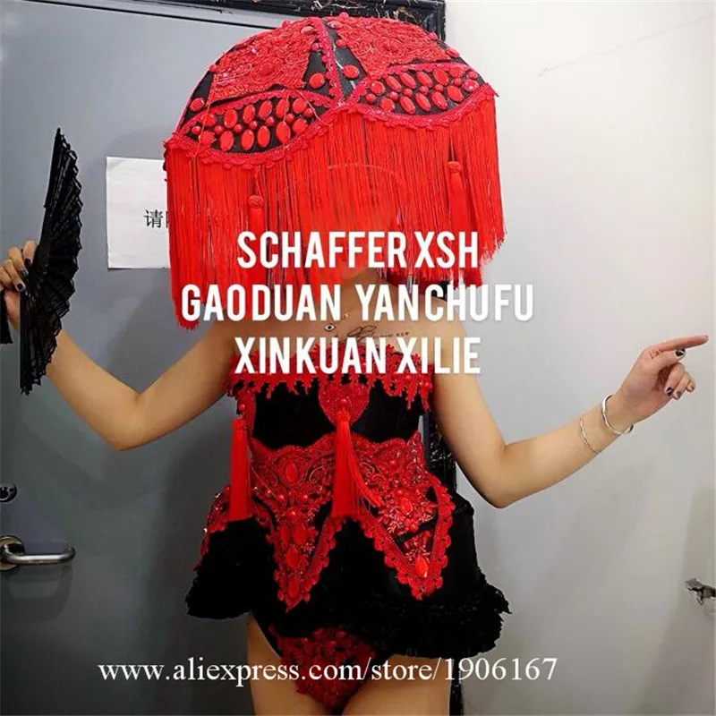 

Red Black DS Dress Bar Catwalk Wears Singer Clothes Stage Performance Show Outfits Skirt Pole Dance Costumes Disco DJ Bodysuit