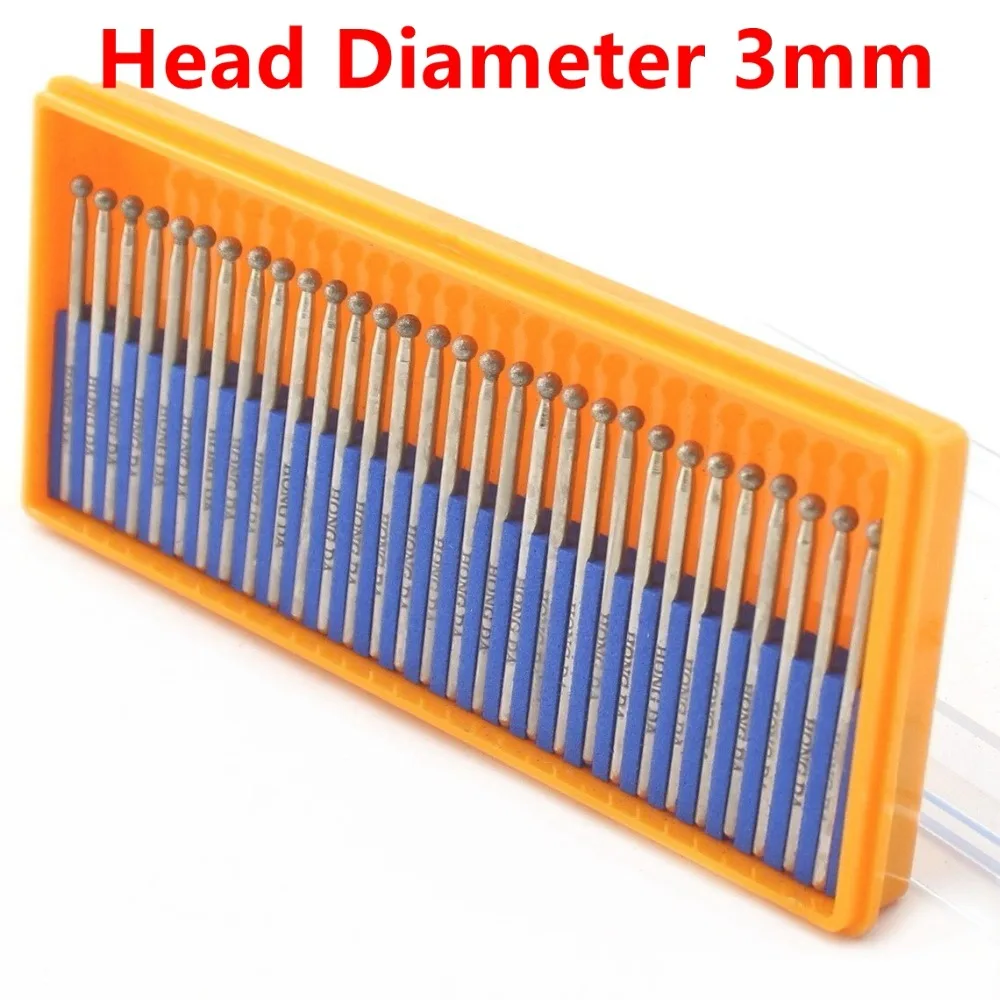 30 pz fresa diamante testa di molatura forma rotonda 1 1.5 2 2.5 3mm bit rivestito palla intaglio sbavature gambo 2.3 strumenti per pietra
