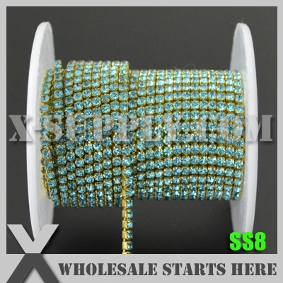 SS8 Single Row CLOSE Rhinestone Cup Chain,Aquamarine Rhinestone in Gold Chain for Wedding Decoration and Bridal Dress X1118